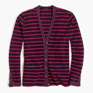 J. Crew Blue Red Stripe Metallic Trim V Neck Cotton Cardigan Sweater XS